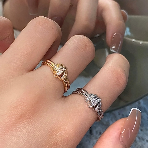 Twisted Rope Open Ring Copper Pavé Zircon Knot Double Layer Adjustable Minimalist Elegant Fashion Jewelry Women
