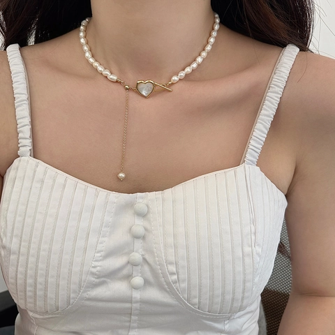 Freshwater Pearl Necklace With Heart Shell Pendant Copper Gold Plated Toggle Clasp Tassel Elegant Clavicle Chain Women