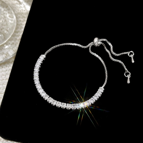 Copper Square Cut Zircon Adjustable Bolo Bracelet Silver Tone Shiny Tennis Chain Jewelry For Women