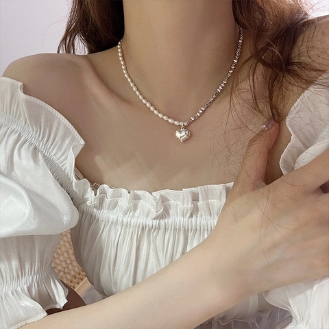 Herz Anhänger Halskette Künstliche Perle Patchwork Asymmetrische Metallkette Choker Für Damen Personalisierter Minimalistischer Schmuck