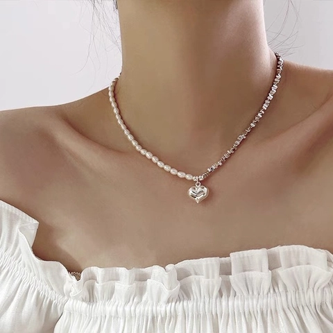 Herz Anhänger Halskette Künstliche Perle Patchwork Asymmetrische Metallkette Choker Für Damen Personalisierter Minimalistischer Schmuck