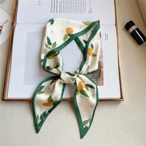 Women Elegant Narrow Scarf Polyester Faux Satin Fruit Print Orange Pattern Neck Tie Hair Band Handbag Ribbon Accessory