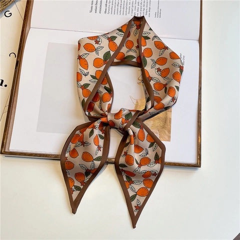 Women Elegant Narrow Scarf Polyester Faux Satin Fruit Print Orange Pattern Neck Tie Hair Band Handbag Ribbon Accessory