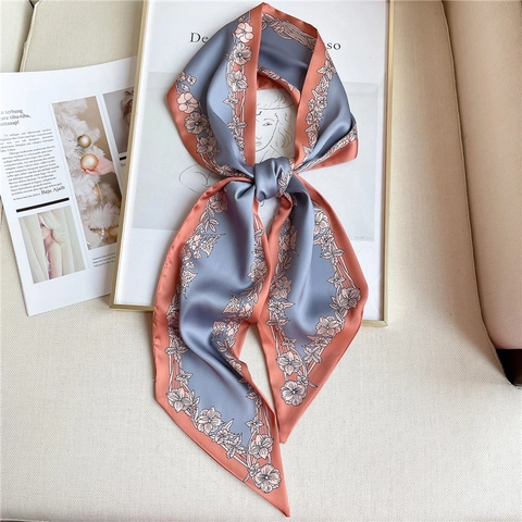 Sciarpa In Raso Di Poliestere Lunga Striscia Twilly Per Manico Di Borsa Fascia Per Capelli Stampa Floreale Lettere Moda Donna
