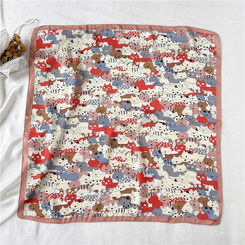 Foulard Quadrato da Donna in Satin con Stampa Gatto Cartone Animato Elegante Morbido Bandana per Capelli Accessorio