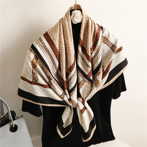 Women Elegant Square Scarf Retro Equestrian Belt Print Polyester Satin Satin Like Large Head Wrap Bandana Decorative Shawl