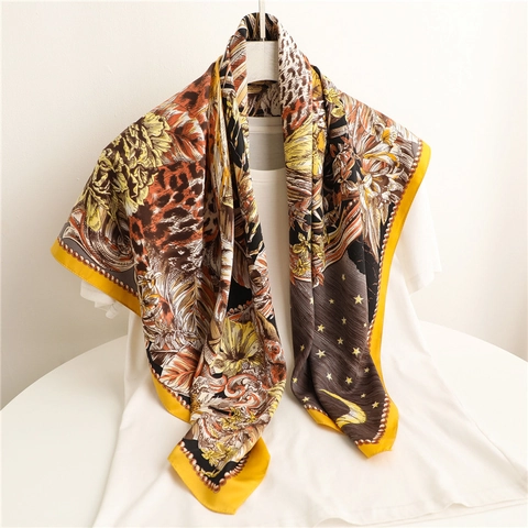 Large Square Scarf Satin Feel Polyester Animal Print Leopard Sun Moon Star Floral Tropical Twill Shawl For Women