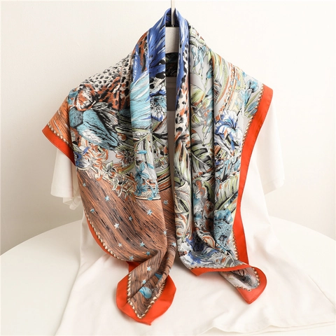 Large Square Scarf Satin Feel Polyester Animal Print Leopard Sun Moon Star Floral Tropical Twill Shawl For Women