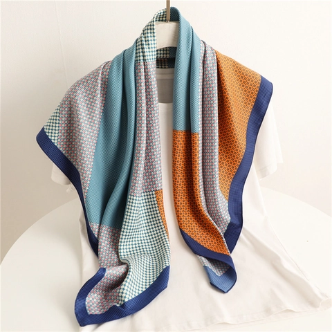 Sciarpa Quadrata In Raso Da Donna Blocchi Di Colore Geometrici Stampa A Pois Grande Scialle In Twill