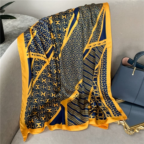 Large Printed Shawl Scarf Imitation Satin Polyester Long Wrap Sun Protection Vintage Geometric Pattern Accessories For Women