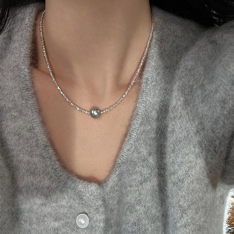 Gray Artificial Pearl Necklace Metal Textured Beads Minimalist Elegant Clavicle Jewelry Women Accessory