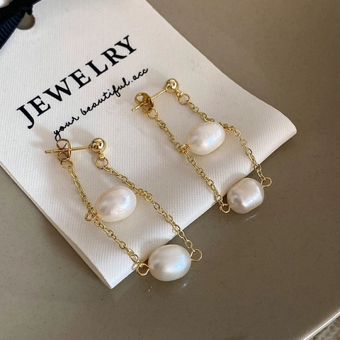 Freshwater Pearl Long Tassel Drop Earrings With Copper Earring Post Gold Plated Elegant Jewelry For Women