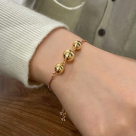French Retro Polished Bead Bracelet Copper Metal Ball Adjustable Bolo Clasp Box Chain Minimalist Jewelry Women