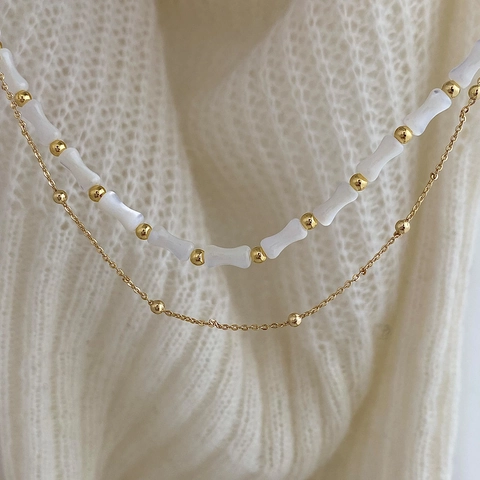Französische Elegante Weiße Muschel Bambus Gelenk Perlenkette Für Frauen Kupfer Goldene Doppelschichtige Schmuck Vintage