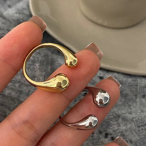 Minimalist Copper Open Ring Teardrop Drop Shape Adjustable Polished Gold Silver Plated Jewelry For Women Chic Trendy