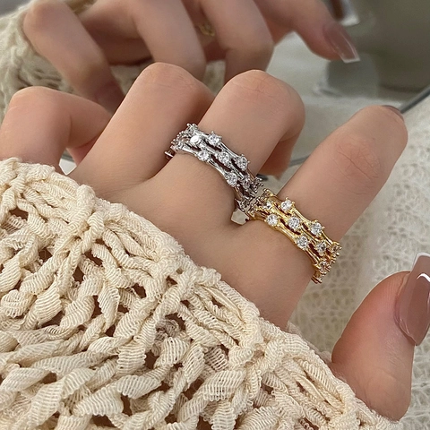 Adjustable Multi Layer Ring For Women Copper Zircon Shiny Vine Branch Geometric Exquisite Jewelry