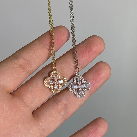 Geluksklaver Hanger Ketting Glinsterende Zirkonia Koper Echt Verguld Modieuze Sieraden Voor Dames