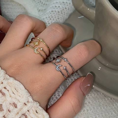 Layered Star Moon Adjustable Ring Copper Micro Inlaid Cubic Zirconia Minimalist Jewelry For Women