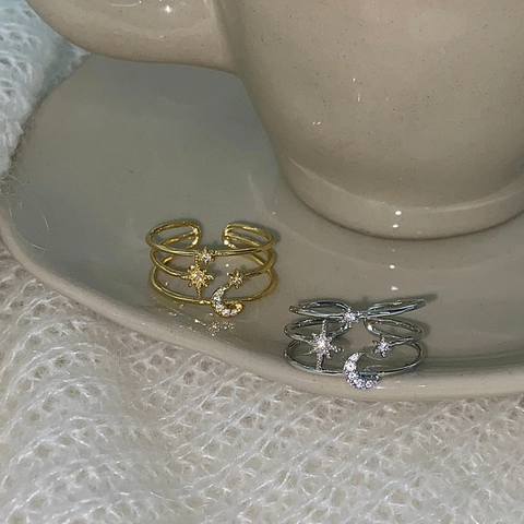 Layered Star Moon Adjustable Ring Copper Micro Inlaid Cubic Zirconia Minimalist Jewelry For Women