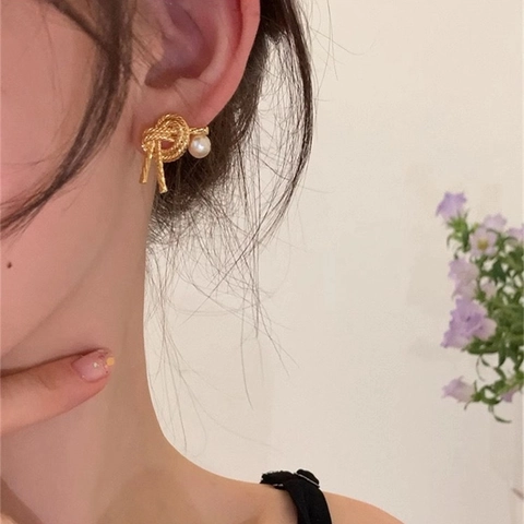 Knot Stud Earrings Copper Gold Plated Metal Imitation Artificial Pearl 925 Sterling Silver Earring Post French Vintage Elegant