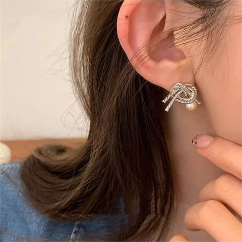 Knot Stud Earrings Copper Gold Plated Metal Imitation Artificial Pearl 925 Sterling Silver Earring Post French Vintage Elegant