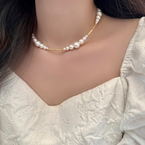 Elegante Collana Di Künstliche Perle Sintetiche Per Donna Stile Vintage Francese Catena Da Clavicola Con Accessori In Tubo Di Rame