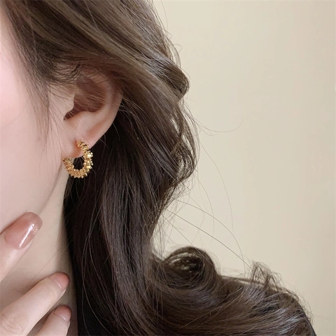 C-Shaped Hoop Earrings Minimalist Geometric Crushed Silver Texture Retro Brass With 925 Sterling Silver Earring Post