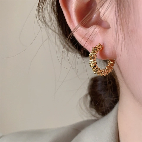 C-Shaped Hoop Earrings Minimalist Geometric Crushed Silver Texture Retro Brass With 925 Sterling Silver Earring Post