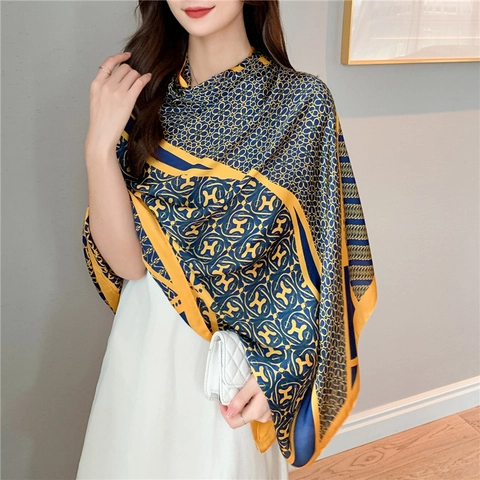 Large Printed Shawl Scarf Imitation Satin Polyester Long Wrap Sun Protection Vintage Geometric Pattern Accessories For Women