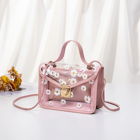 Women Transparent Daisy Print PVC PU Leather Shoulder Bag Summer Fresh Square Crossbody Bag With Inner Pouch Floral Handbag