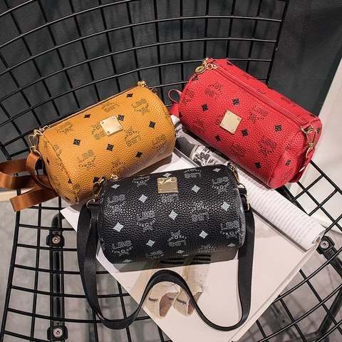 Dames Mode Cilinder Crossbody Tas PU Leer Monogram Print Schoudertas Kleine Casual Telefoontas Voor Dagelijks Reizen