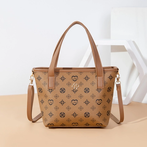 Women Handbag PU Leather Retro Monogram Print Heart Clover Pattern Crossbody Shoulder Bag Vintage Style Ladies