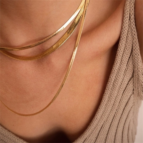 Minimalist Flat Herringbone Chain Necklace Stainless Steel Gold Plated Elegant Clavicle Neck Chain For Women