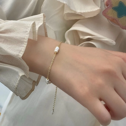 Collier Et Bracelet En Perles D'eau Douce Bijoux Pour Femmes Cuivre Plaqué Or Français Élégant Minimaliste Style Ins
