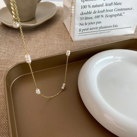 Collier Et Bracelet En Perles D'eau Douce Bijoux Pour Femmes Cuivre Plaqué Or Français Élégant Minimaliste Style Ins