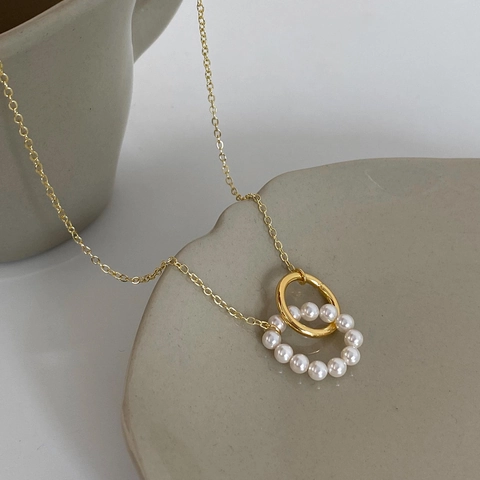 Doppelring Ineinandergreifende Anhänger Halskette Mit Künstlicher Künstliche Perle Kupfer Vergoldet Eleganter Minimalistischer Schmuck Für Damen