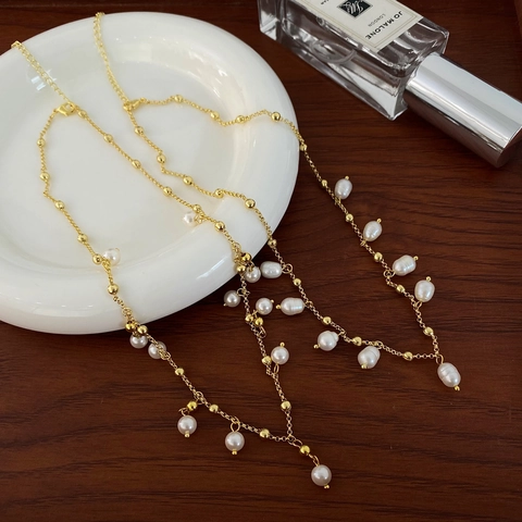 Elegant Freshwater Pearl Tassel Necklace Gold Plated Copper Vintage Clavicle Chain For Women