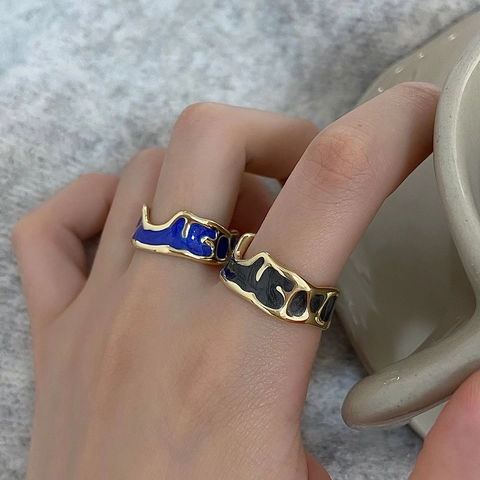 Unregelmäßiger Wellenring Kupfer Vergoldet Emaille Tropfendes Öl Verstellbar Vintage Lava Stil Schmuck Für Damen