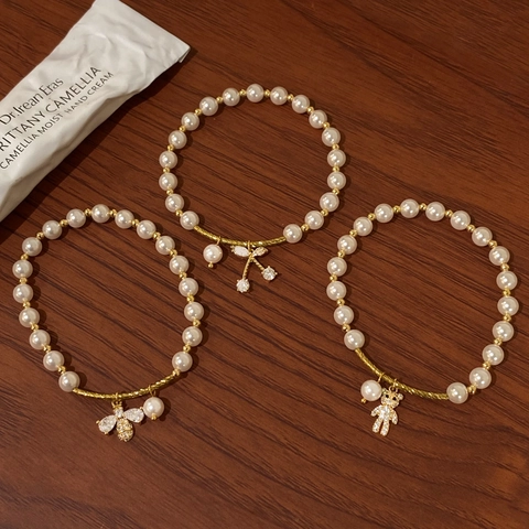 French Style Artificial Pearl Bracelet Gold Plated Alloy Zirconia Charm Bracelet For Women Elegant Bee Cherry Flower Bear Star Fish Tail Jewelry Gift