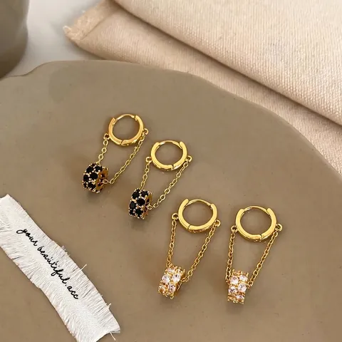 Retro Zircon Pendant Long Chain Dangle Drop Earrings Copper Gold Plated Minimalist Elegant Jewelry For Women