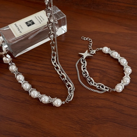 Collana E Bracciale A Forma Di Stella Con Künstliche Perle Sintetiche E Catena In Metallo Per Donne Stile Gotico Alla Moda