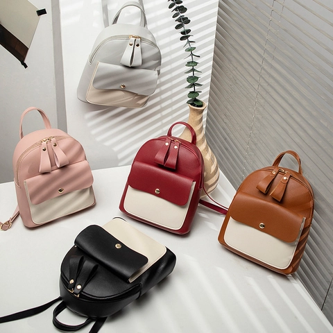 Μίνι Σακίδιο Πλάτης Γυναικείο Δέρμα PU Color Block Μόδα Πολυλειτουργική Τσάντα Ώμου Με Τρύπα Ακουστικών Κορεάτικο Στυλ