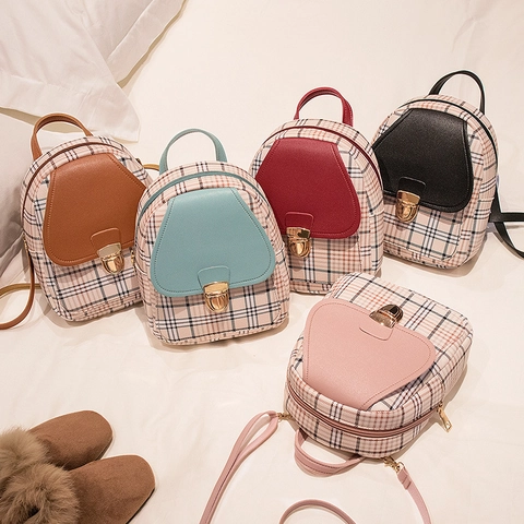 Mini Rucksack Damen PU Leder Karo Patchwork Kleine Umhängetasche Mehrzweck Mode Lässig Mädchen