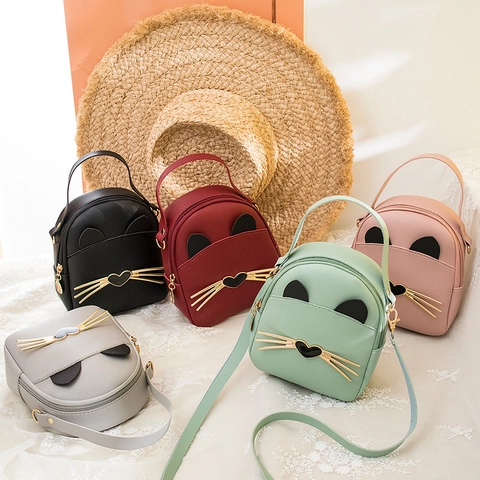 Damen Niedlich Katzengesicht PU Leder Mini Schultertasche Koreanischen Stil Tierohr Umhängetasche Für Mädchen Mode Handtasche Alltag