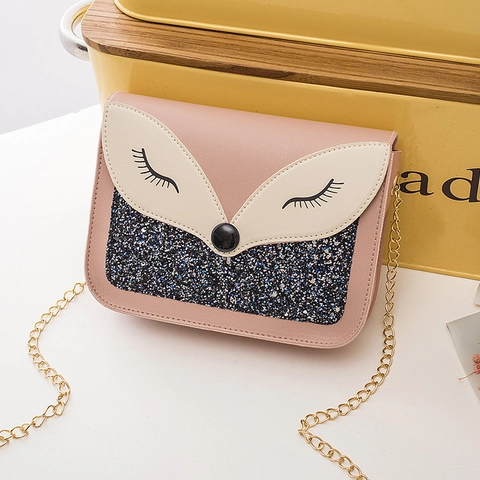 Cute Fox Pattern Mini Crossbody Bag Sequin PU Leather Square Shoulder Bag With Metal Chain Strap For Women Girls