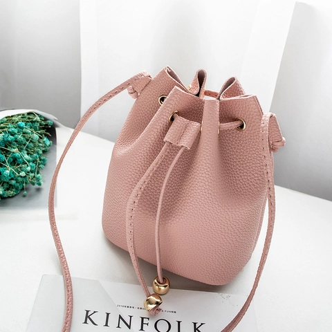 Bucket Bag Women PU Lychee Pattern Leather Drawstring Closure Shoulder Crossbody Purse Minimalist Korean Style