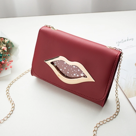 Koreanischer Stil Lippen Dekor Damen Umhängetasche PU Leder Mini Quadrat Tasche Goldkette Schultertasche Star Sequins Klappe