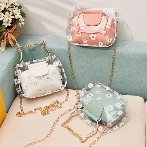 Damen Gänseblümchen Druck Transparent PVC 2-In-1 Umhängetasche Mit Katzenohr Metallgriff Und Goldkette Handtasche