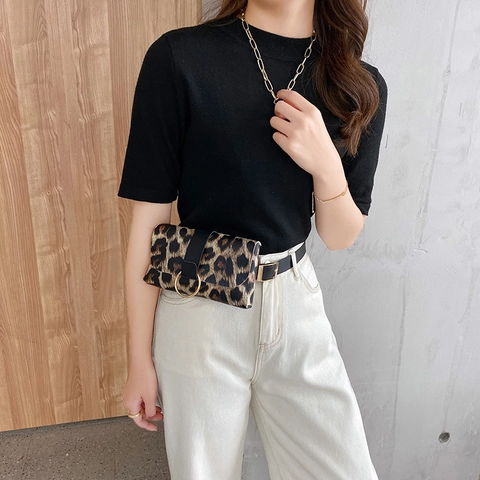 Women Fashion PU Leather Waist Bag Leopard Zebra Print Belt Bag Gold Metal Ring Small Square Bag Daily Style Accessory