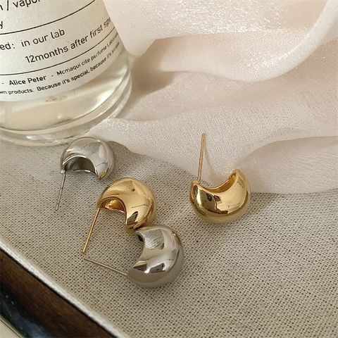 Minimalist Polished Brass Bean Stud Earrings Geometric Thick C Shaped Hoop Jewelry For Women With Silver Earring Post